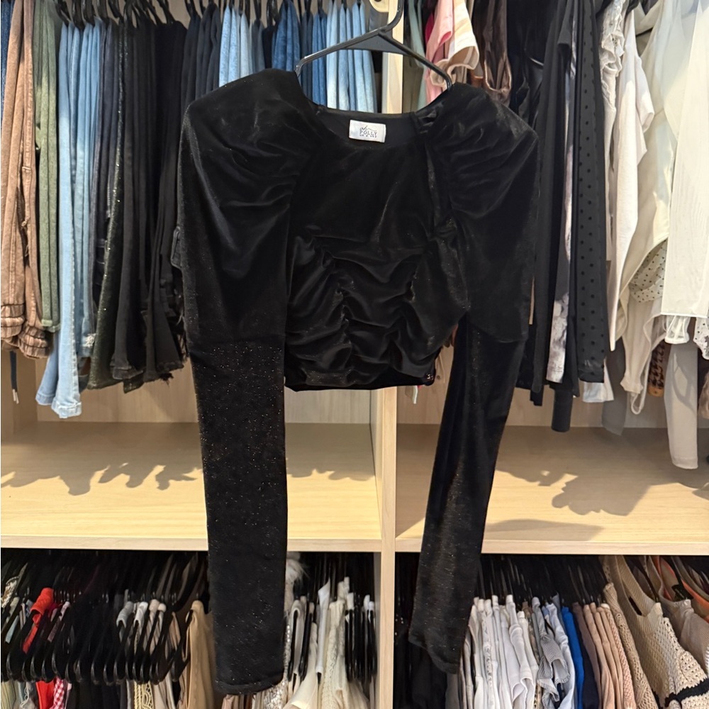 Oh Polly Velvet Puff Shoulder Long Sleeve Crop Top